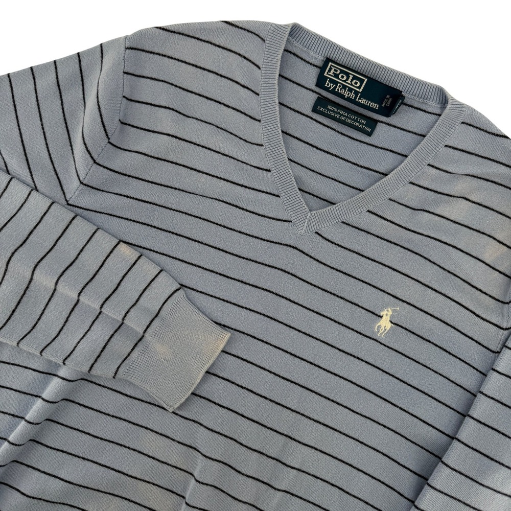 Polo Ralph Lauren V-Neck Sweater Mens Small Blue Striped Pima Cotton Pony Logo
